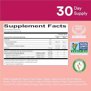 SmartyPants Kids Probiotic Immunity Gummies: Prebiotics & Probiotics for Digestive Health and Immune Support Supplement, Gluten Free, Vegan, Strawberry Crème Flavor, 60 Count (30 Day Supply)