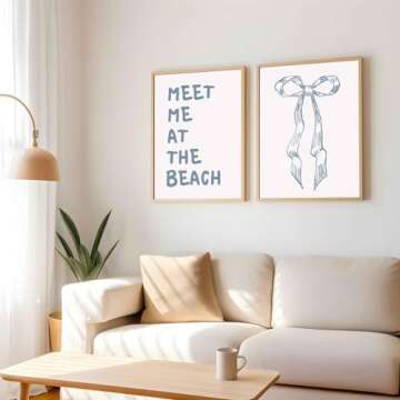 ZYGARTEQ 2Pcs Trendy Meet Me At The Beach Wall Art Blue Coastal Granddaughter Hair Bow Prints Beachy Aesthetic Room Decor Posters Preppy Wall Decor Pictures for Girly Dorm Apartment Unframed 12x16in