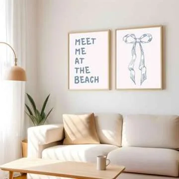 ZYGARTEQ 2Pcs Trendy Meet Me At The Beach Wall Art Blue Coastal Granddaughter Hair Bow Prints Beachy Aesthetic Room Decor Posters Preppy Wall Decor Pictures for Girly Dorm Apartment Unframed 12x16in