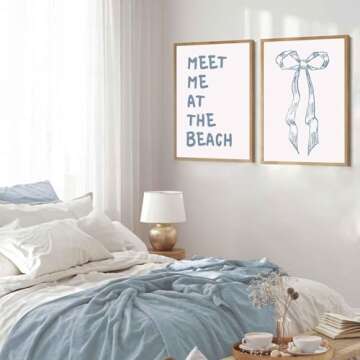 ZYGARTEQ 2Pcs Trendy Meet Me At The Beach Wall Art Blue Coastal Granddaughter Hair Bow Prints Beachy Aesthetic Room Decor Posters Preppy Wall Decor Pictures for Girly Dorm Apartment Unframed 12x16in