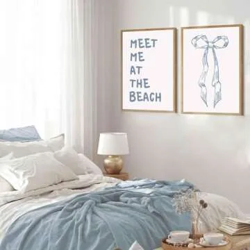 ZYGARTEQ 2Pcs Trendy Meet Me At The Beach Wall Art Blue Coastal Granddaughter Hair Bow Prints Beachy Aesthetic Room Decor Posters Preppy Wall Decor Pictures for Girly Dorm Apartment Unframed 12x16in