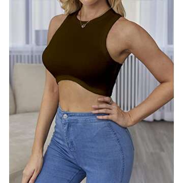 Abardsion Women's Crew Neck Racerback Knit Ribbed Basic Sleeveless Crop Tank Tops (Brown,M)