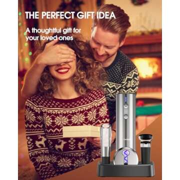 Electric Wine Set with Stand, Aerator, Vacuum Stoppers, Foil Cutter and Rechargeable Opener - 6-in-1 Gift Set for Home, Party, Bar and Outdoor Use