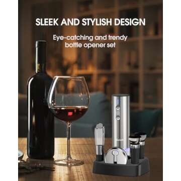 Electric Wine Set with Stand, Aerator, Vacuum Stoppers, Foil Cutter and Rechargeable Opener - 6-in-1 Gift Set for Home, Party, Bar and Outdoor Use