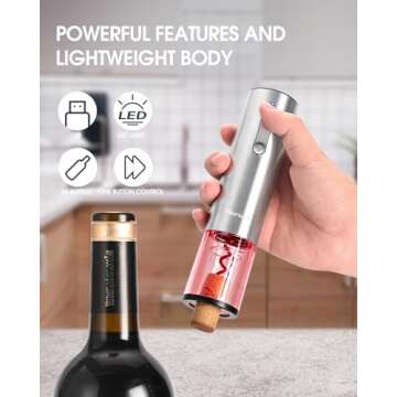 Electric Wine Set with Stand, Aerator, Vacuum Stoppers, Foil Cutter and Rechargeable Opener - 6-in-1 Gift Set for Home, Party, Bar and Outdoor Use