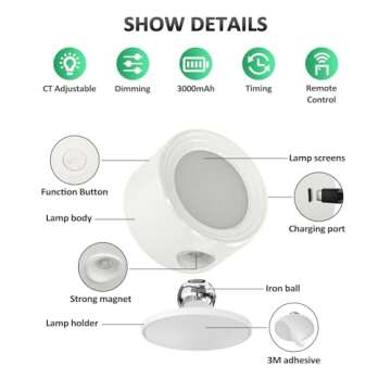 LED Wall Sconces 3 Pcs with Remote, Wall Mounted Lights Rechargeable Battery Operated, 3 Color Temperatures & Dimmable Wall Lamp Magnetic 360° Rotation Wireless Light for Bedroom Living Room