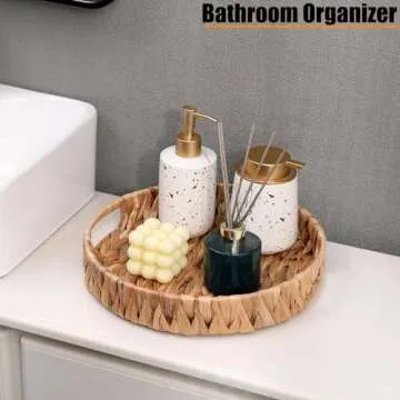 Coffee Table Tray Round Ottoman Tray Woven Serving Trays with Handles,Water Hyacinth Storage Baskets Wicker Serving Traysfor Home and Kitchen Decorative (11.8inch x1.9 inch)