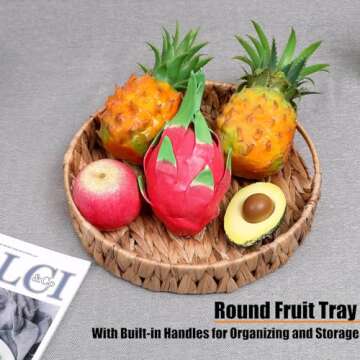 Coffee Table Tray Round Ottoman Tray Woven Serving Trays with Handles,Water Hyacinth Storage Baskets Wicker Serving Traysfor Home and Kitchen Decorative (11.8inch x1.9 inch)