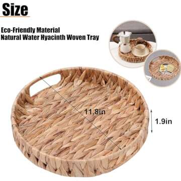 Coffee Table Tray Round Ottoman Tray Woven Serving Trays with Handles,Water Hyacinth Storage Baskets Wicker Serving Traysfor Home and Kitchen Decorative (11.8inch x1.9 inch)
