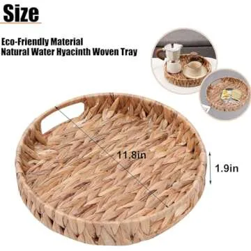 Coffee Table Tray Round Ottoman Tray Woven Serving Trays with Handles,Water Hyacinth Storage Baskets Wicker Serving Traysfor Home and Kitchen Decorative (11.8inch x1.9 inch)