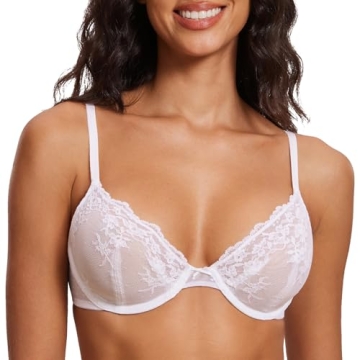 DOBREVA Women's Lace Mesh Bra - Sexy Sheer Plus Size Unlined Plunge Underwire Bras See Through White...