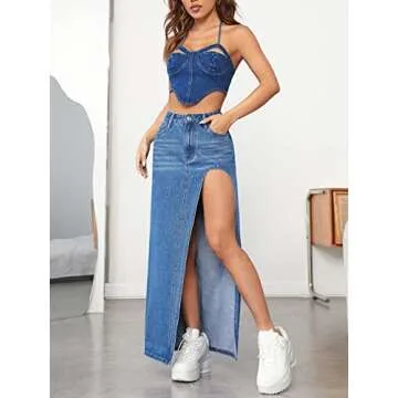 Verdusa Women's High Waist Split Thigh Denim Maxi Skirt
