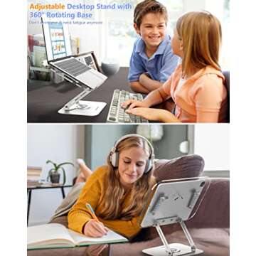 Acrylic Book Stand for Reading, Amasrich Adjustable Holder with 360° Rotating Base & Page Clips, Foldable Desktop Ricer for displaying Cookbook, Sheet Music,Laptop,Recipe,Textbook,Hands Free,Aluminium