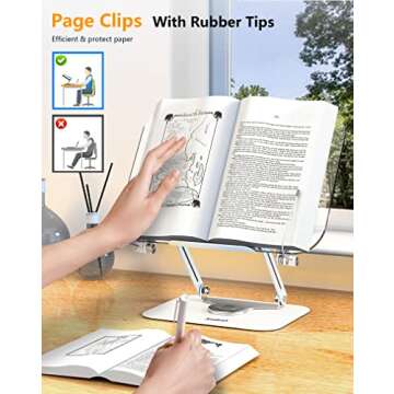 Acrylic Book Stand for Reading, Amasrich Adjustable Holder with 360° Rotating Base & Page Clips, Foldable Desktop Ricer for displaying Cookbook, Sheet Music,Laptop,Recipe,Textbook,Hands Free,Aluminium