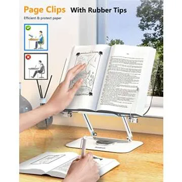 Acrylic Book Stand for Reading, Amasrich Adjustable Holder with 360° Rotating Base & Page Clips, Foldable Desktop Ricer for displaying Cookbook, Sheet Music,Laptop,Recipe,Textbook,Hands Free,Aluminium