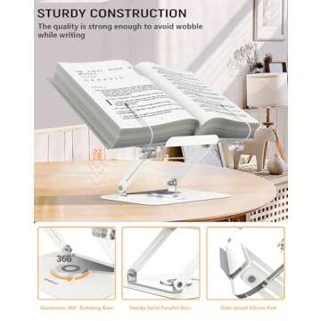 Acrylic Book Stand for Reading, Amasrich Adjustable Holder with 360° Rotating Base & Page Clips, Foldable Desktop Ricer for displaying Cookbook, Sheet Music,Laptop,Recipe,Textbook,Hands Free,Aluminium
