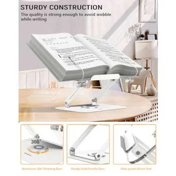 Acrylic Book Stand for Reading, Amasrich Adjustable Holder with 360° Rotating Base & Page Clips, Foldable Desktop Ricer for displaying Cookbook, Sheet Music,Laptop,Recipe,Textbook,Hands Free,Aluminium