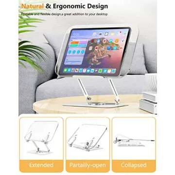 Acrylic Book Stand for Reading, Amasrich Adjustable Holder with 360° Rotating Base & Page Clips, Foldable Desktop Ricer for displaying Cookbook, Sheet Music,Laptop,Recipe,Textbook,Hands Free,Aluminium