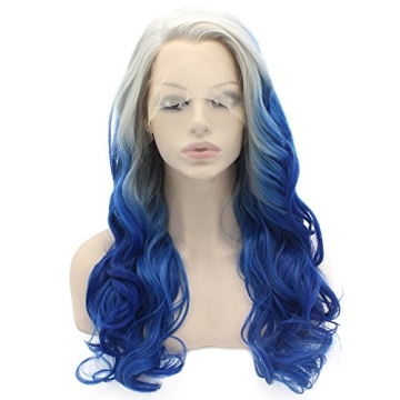 Mxangel Long Wavy Ombre Gray Blue Two Tone Synthetic Hair Lace Front Wig