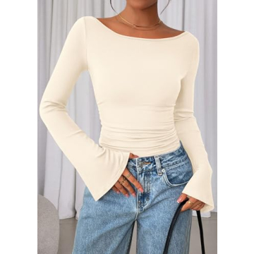 PRETTYGARDEN Women's Long Sleeve Shirts for Casual Autumn Style - Bell Sleeve Crop Tops (Beige, Medi...