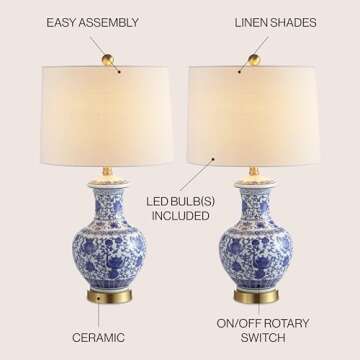 JONATHAN Y JYL1072A-SET2 Set of 2 Table Lamps Jennifer 25.25" Ceramic/Metal LED Table Lamp Cottage Bedside Desk Nightstand Lamp for Bedroom Living Room Office College Bookcase, Blue/White