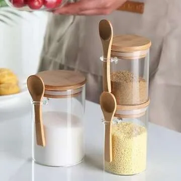 Airtight Glass Jars With Bamboo Lids And Spoons, 17oz Glass Canisters With Lid For Spice Beans Tea, ...