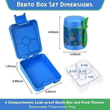 Pawtong Bento Lunch Box Set With 10oz Soup Thermo, Leak-proof Lunch Containers with 4 Compartment, Kids Hot Thermo Food Jar/Insulation Lunch Bag, Food Containers for School（Dinosaur）