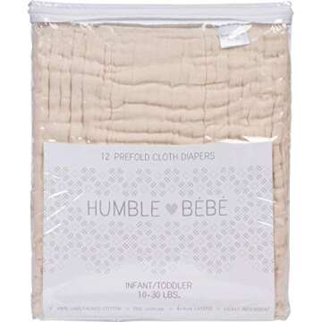 Humble Bebe Prefold Cloth Diapers - 12 Pack - Unbleached Premium Cotton, 4x8x4, Pre-Washed, Fits Newborn Babies to Toddlers (10-30 lbs), Multi-Use