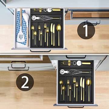 WUSHIZHUHUN Utensil Organizer Silverware Drawer Organizer - 7 Slots Bamboo Silverware Tray For Kitchen Cutlery Office Supplies Makeup Desk Storage Garage Tool Organization W13”x L17” (Black)