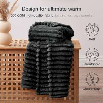 EXQ Home Fleece Throw Blanket for Couch or Bed - 3D Stripe Jacquard Decorative Blankets - Cozy Soft Lightweight Fuzzy Flannel Blanket Suitable for All Seasons(50"×60",Black)