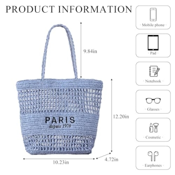 OWGSEE Straw Bag for Women Summer Trendy Foldable Mesh Crochet Tote Bag Straw Beach Purses and Handbags for Vacation (Blue)