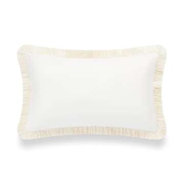 Hofdeco Premium Coastal Patio Indoor Outdoor Lumbar Pillow Cover Only, 12"x20" Water Resistant for Backyard, Couch, Solid White Fringe