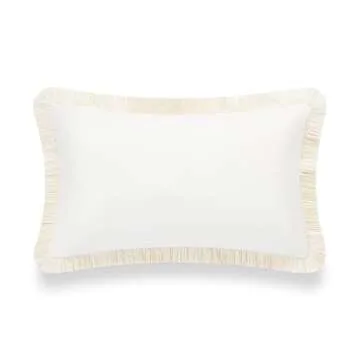 Hofdeco Premium Coastal Patio Indoor Outdoor Lumbar Pillow Cover Only, 12"x20" Water Resistant for Backyard, Couch, Solid White Fringe