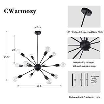 CWarmozy Matte Black Sputnik Chandelier 12 Lights Adjustable Modern Chandelier for Dining Room Vinta...