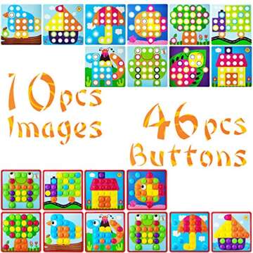 58Pcs Button Art Toys for Toddlers,Include 12Pictures and 46 Buttons with Box,Color Matching Mosaic Pegboard Early Learning Educational Toys for 3 4 Year Old Boys and Girls