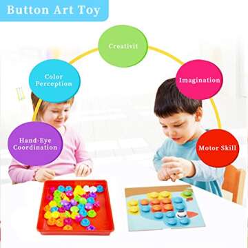 58Pcs Button Art Toys for Toddlers,Include 12Pictures and 46 Buttons with Box,Color Matching Mosaic Pegboard Early Learning Educational Toys for 3 4 Year Old Boys and Girls