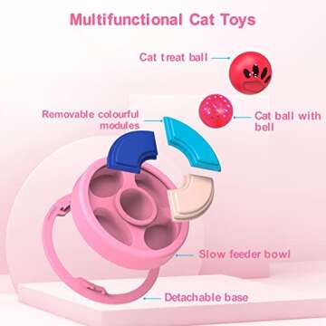 Wridaba Interactive Cat Treat Puzzle, Puzzle Feeders for Cats, Slow Feeders and Treat Dispensing Toy, Cat Stimulation Toy for Kitten Training Perfect (Pink Puzzle Plate+Dispenser Ball+Led Ball)