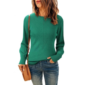 Dokotoo Women's Crewneck Long Lantern Sleeve Sweater 2024 Loose Ribbed Knit Sweater Solid Soft Pullo...