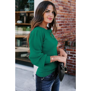 Dokotoo Women's Crewneck Long Lantern Sleeve Sweater 2024 Loose Ribbed Knit Sweater Solid Soft Pullover Jumper Tops Business Casual Outfits for Women Green Large