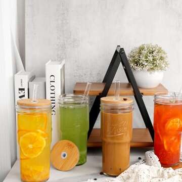 ANOTION Glass Cups with Lids and Straws - 4 Packs Drinking Glasses Coffee Bar Accessories 24 oz Travel Coffee Mug Bamboo Mason Jar Glass Straws Iced Coffee Cup Smoothie Glass Tumbler Tea Water Cups