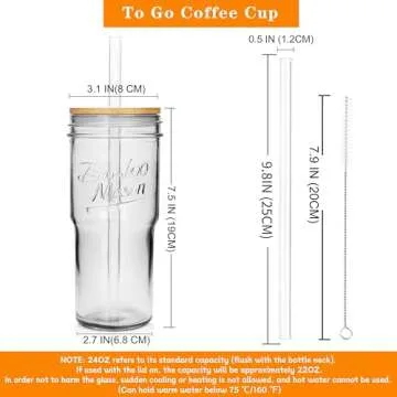 ANOTION Glass Cups with Lids and Straws - 4 Packs Drinking Glasses Coffee Bar Accessories 24 oz Travel Coffee Mug Bamboo Mason Jar Glass Straws Iced Coffee Cup Smoothie Glass Tumbler Tea Water Cups