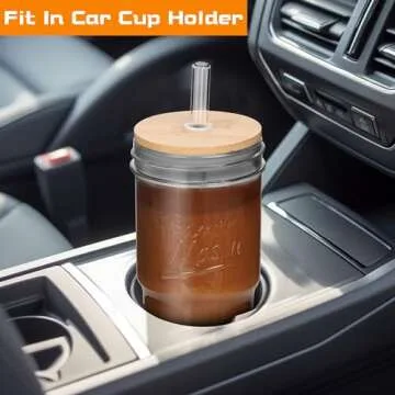 ANOTION Glass Cups with Lids and Straws - 4 Packs Drinking Glasses Coffee Bar Accessories 24 oz Travel Coffee Mug Bamboo Mason Jar Glass Straws Iced Coffee Cup Smoothie Glass Tumbler Tea Water Cups