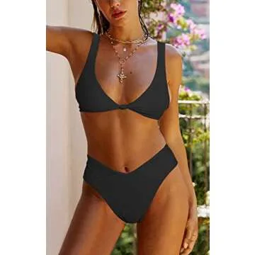 geluboao Two Piece High Waisted Bikini Swimsuits for Women Cheeky Brazilian Cut Thong Sexy V Neck Push Up Bikini Set Black L