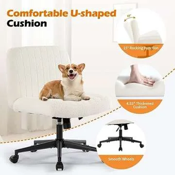 BOSMILLER Criss Cross Chair with Wheels, Vanity Chair with Back, Armless Makeup Chair, Wide Desk Chair Cute, Height Adjustable Makeup Chair, Cross Legged Office Chair, WhiteSherpa with Wheels