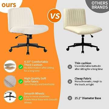 BOSMILLER Criss Cross Chair with Wheels, Vanity Chair with Back, Armless Makeup Chair, Wide Desk Chair Cute, Height Adjustable Makeup Chair, Cross Legged Office Chair, WhiteSherpa with Wheels