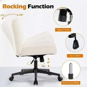 BOSMILLER Criss Cross Chair with Wheels, Vanity Chair with Back, Armless Makeup Chair, Wide Desk Chair Cute, Height Adjustable Makeup Chair, Cross Legged Office Chair, WhiteSherpa with Wheels
