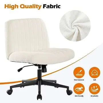 BOSMILLER Criss Cross Chair with Wheels, Vanity Chair with Back, Armless Makeup Chair, Wide Desk Chair Cute, Height Adjustable Makeup Chair, Cross Legged Office Chair, WhiteSherpa with Wheels