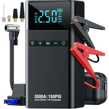 Portable Car Jump Starter with Air Compressor, 3500A 150PSI Car Battery Jump Starter Battery Pack (A...