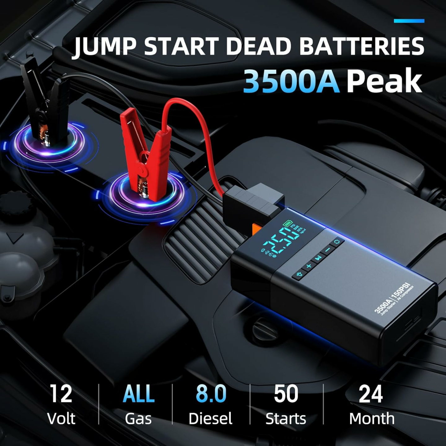 Portable Car Jump Starter with Air Compressor, 3500A 150PSI Car Battery Jump Starter Battery Pack (All Gas/10L Diesel), 12V Car Jump Box Car Battery Jumper Starter, Large LCD Display, 2 Lights