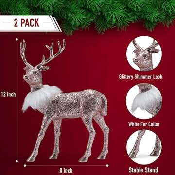 Ornativity Rose Glitter Christmas Reindeer - Xmas Holiday Party Deer Figurine Statues Dinner Tabletop Decorations Centerpiece Mantle - 12" Pack of 2
